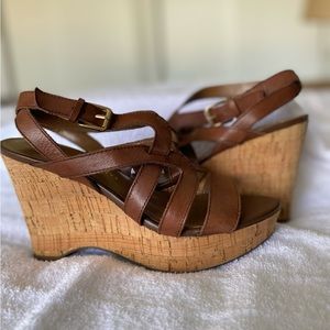 FRANCO SARTO Sandals Women’s 6 Wedge Cork Heels Strappy Brown Leather Open Toe